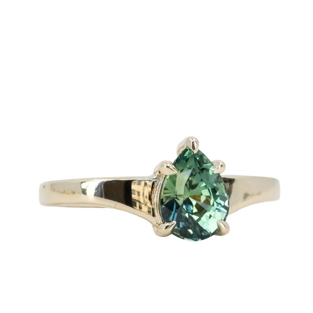 1.57ct Untreated Teal Pear Sapphire Low Profile 5 Prong Tapered Solitaire in 14k Yellow Gold