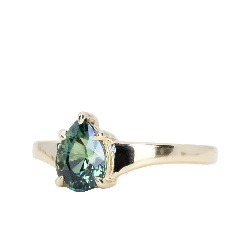 1.57ct Untreated Teal Pear Sapphire Low Profile 5 Prong Tapered Solitaire in 14k Yellow Gold