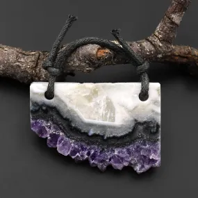 2 Hole Pendant Natural Purple Green Amethyst Stalactite Druzy Pendant Drilled Flat Slice Long Rectangle A2