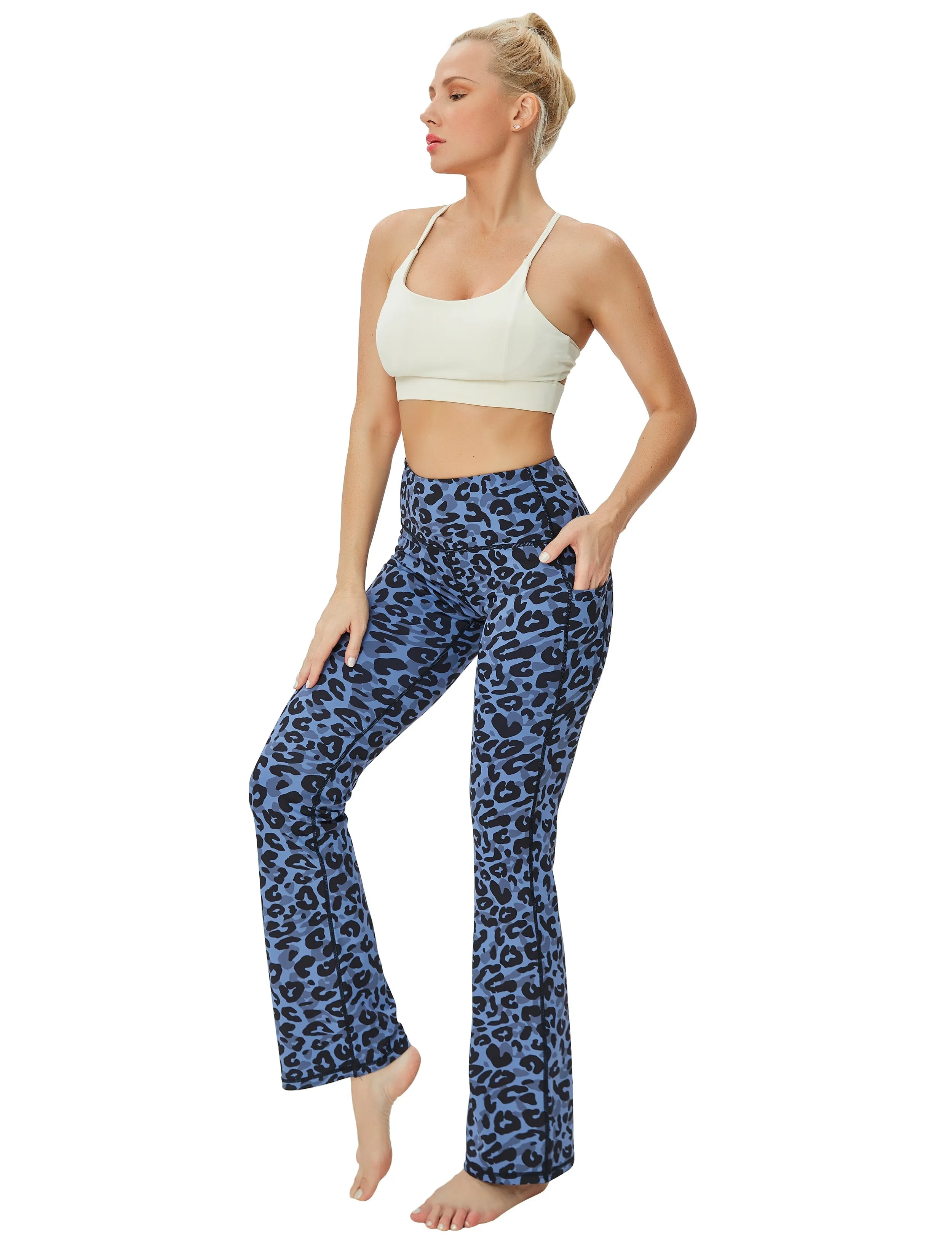 29 31 33 35 37  Side Pockets Printed Bootcut Leggings navy_leopard_yogastudio