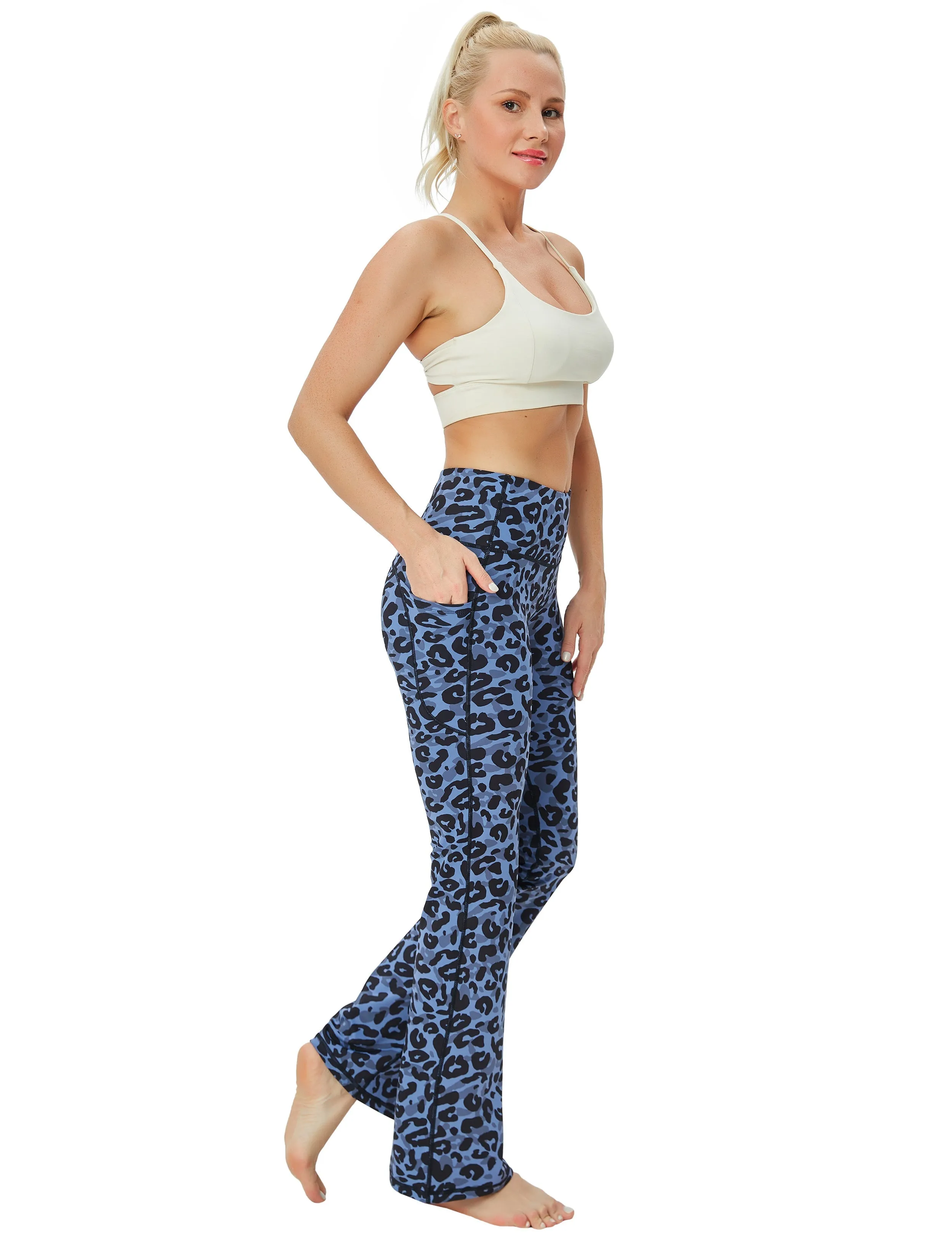 29 31 33 35 37  Side Pockets Printed Bootcut Leggings navy_leopard_yogastudio