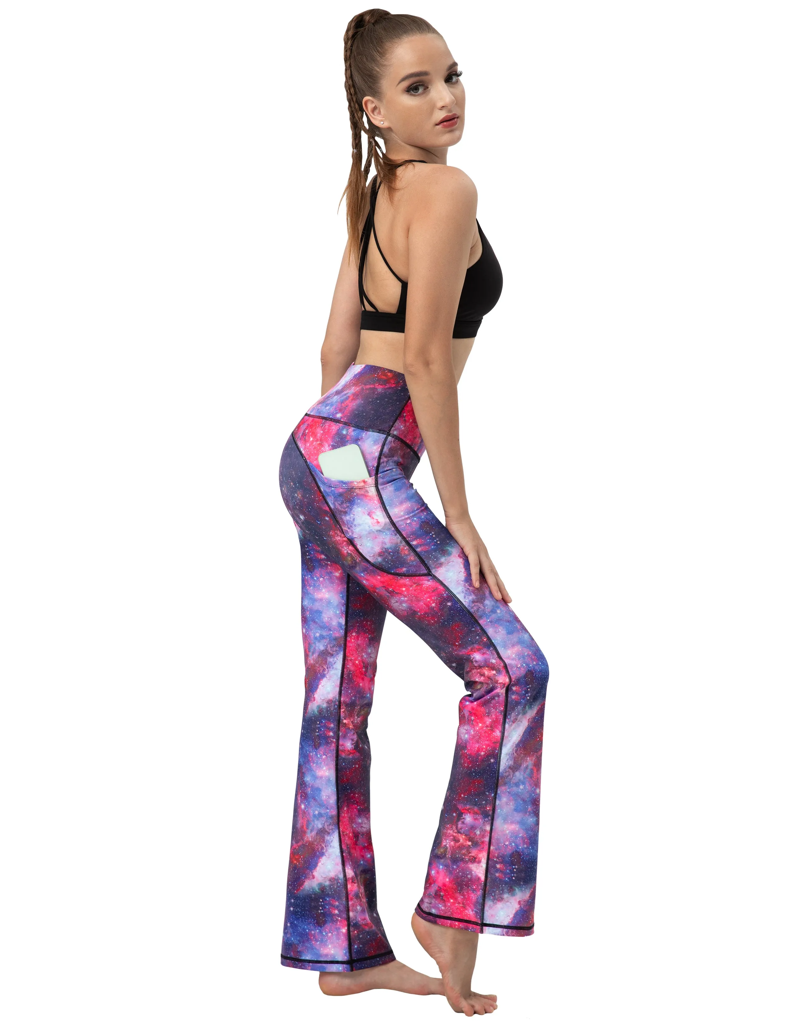 29" 31" 33" 35" 37"  Side Pockets Printed Bootcut Leggings galaxy