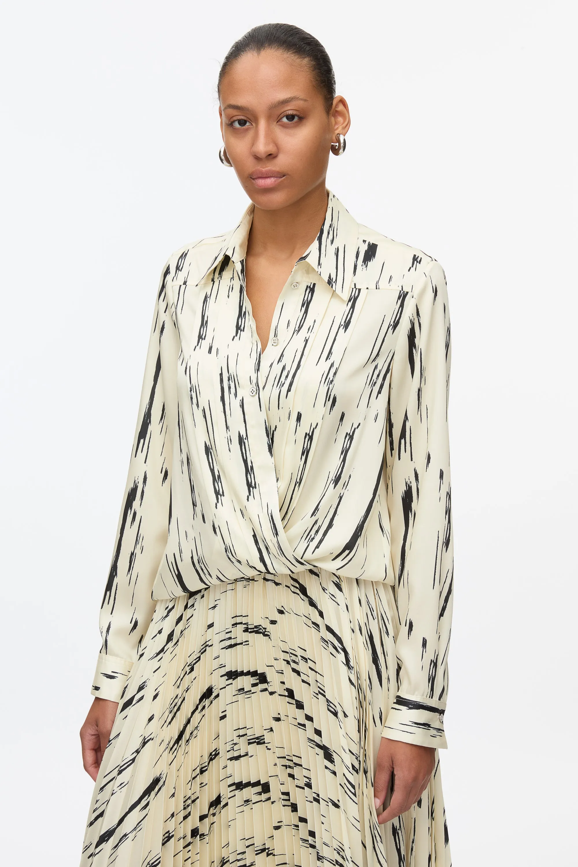 Abstract Wood Grain Crossover Draped Blouse