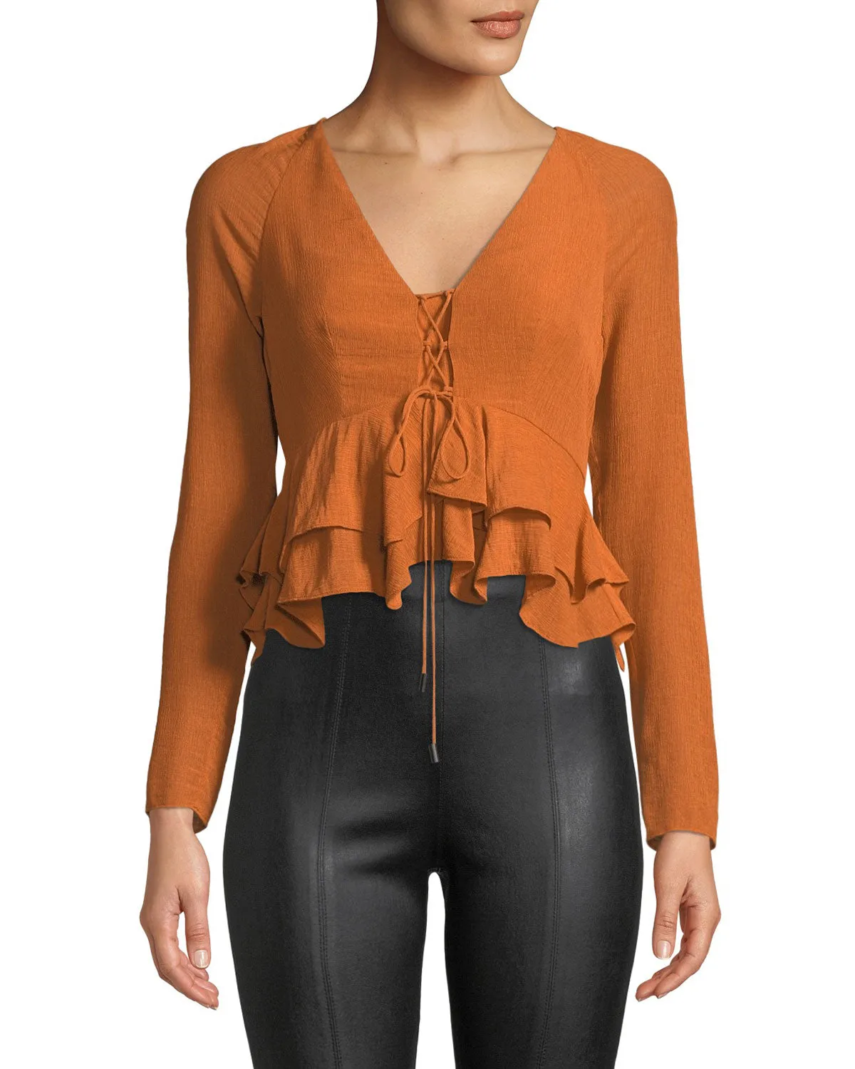 Alexis Reagan Long-Sleeve Lace-Up Tiered Peplum Top, Orange, Small