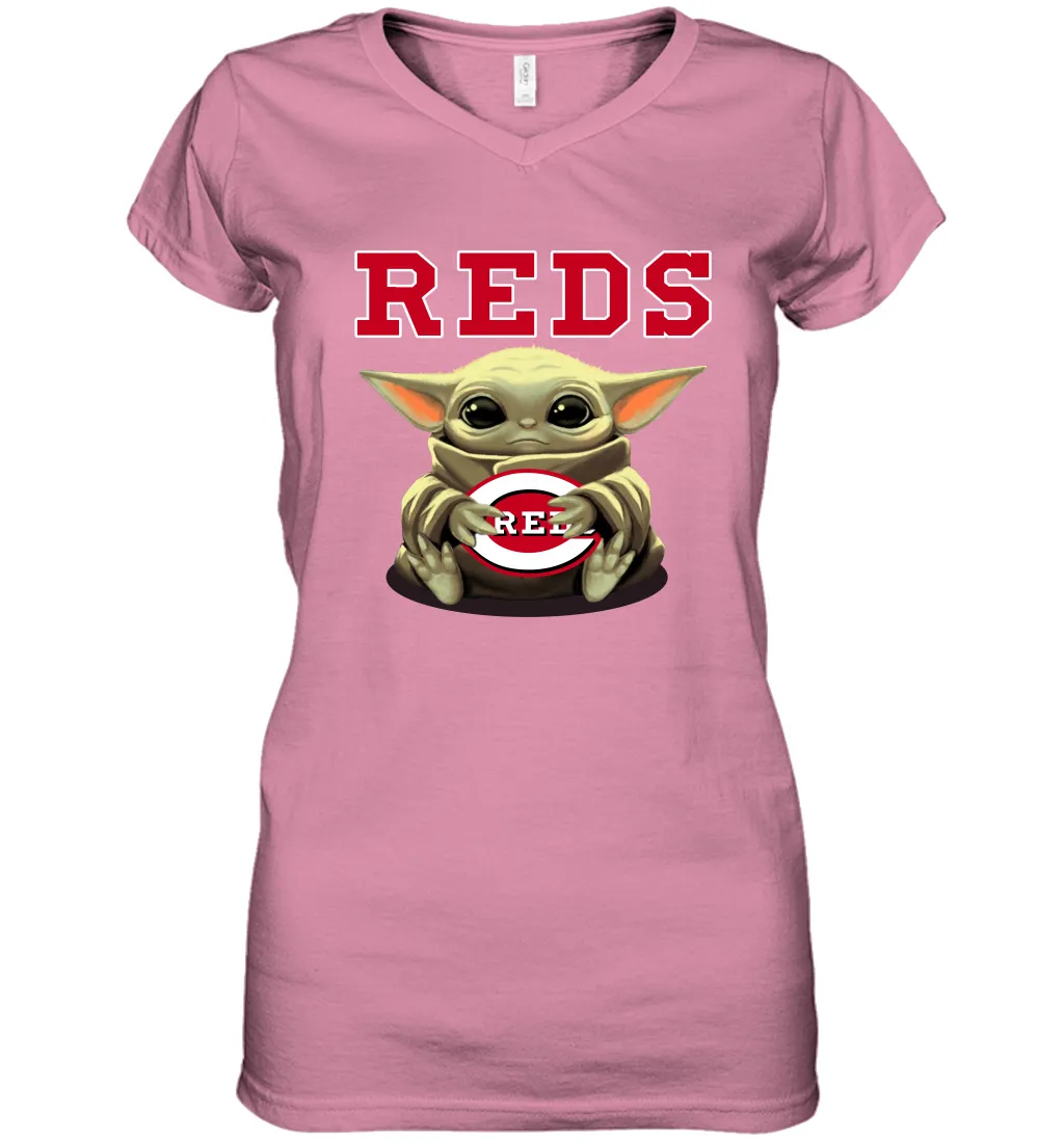 Baby Yoda Hugs Loves The Cincinnati Reds Baseball Womens V-Neck T-Shirt