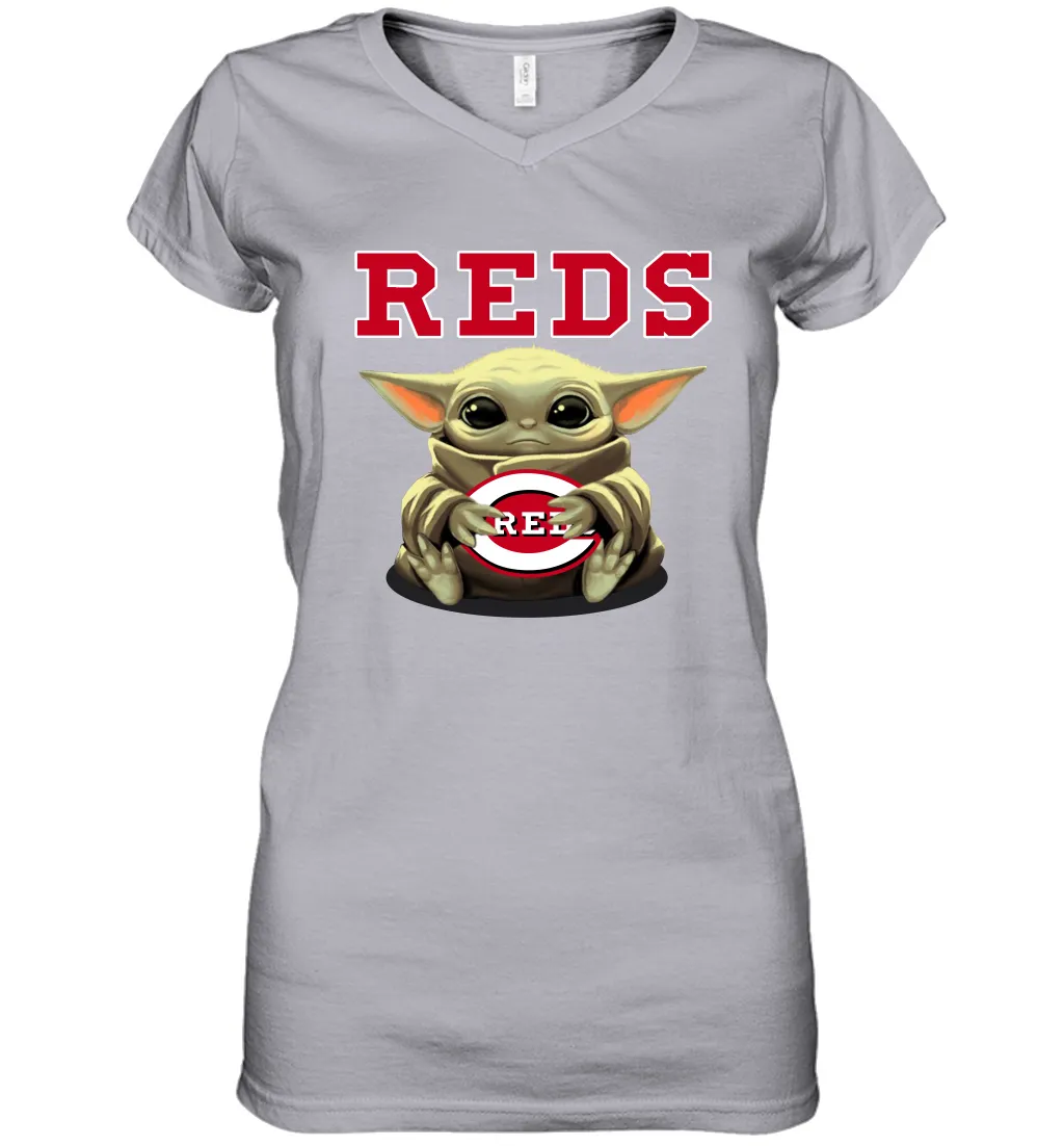 Baby Yoda Hugs Loves The Cincinnati Reds Baseball Womens V-Neck T-Shirt