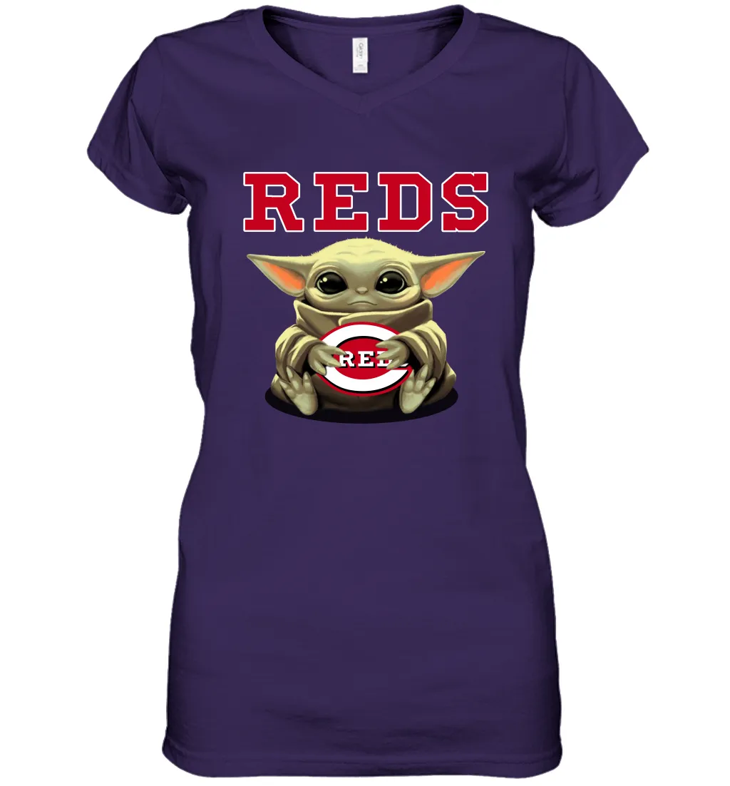 Baby Yoda Hugs Loves The Cincinnati Reds Baseball Womens V-Neck T-Shirt