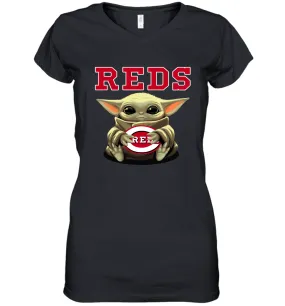 Baby Yoda Hugs Loves The Cincinnati Reds Baseball Womens V-Neck T-Shirt