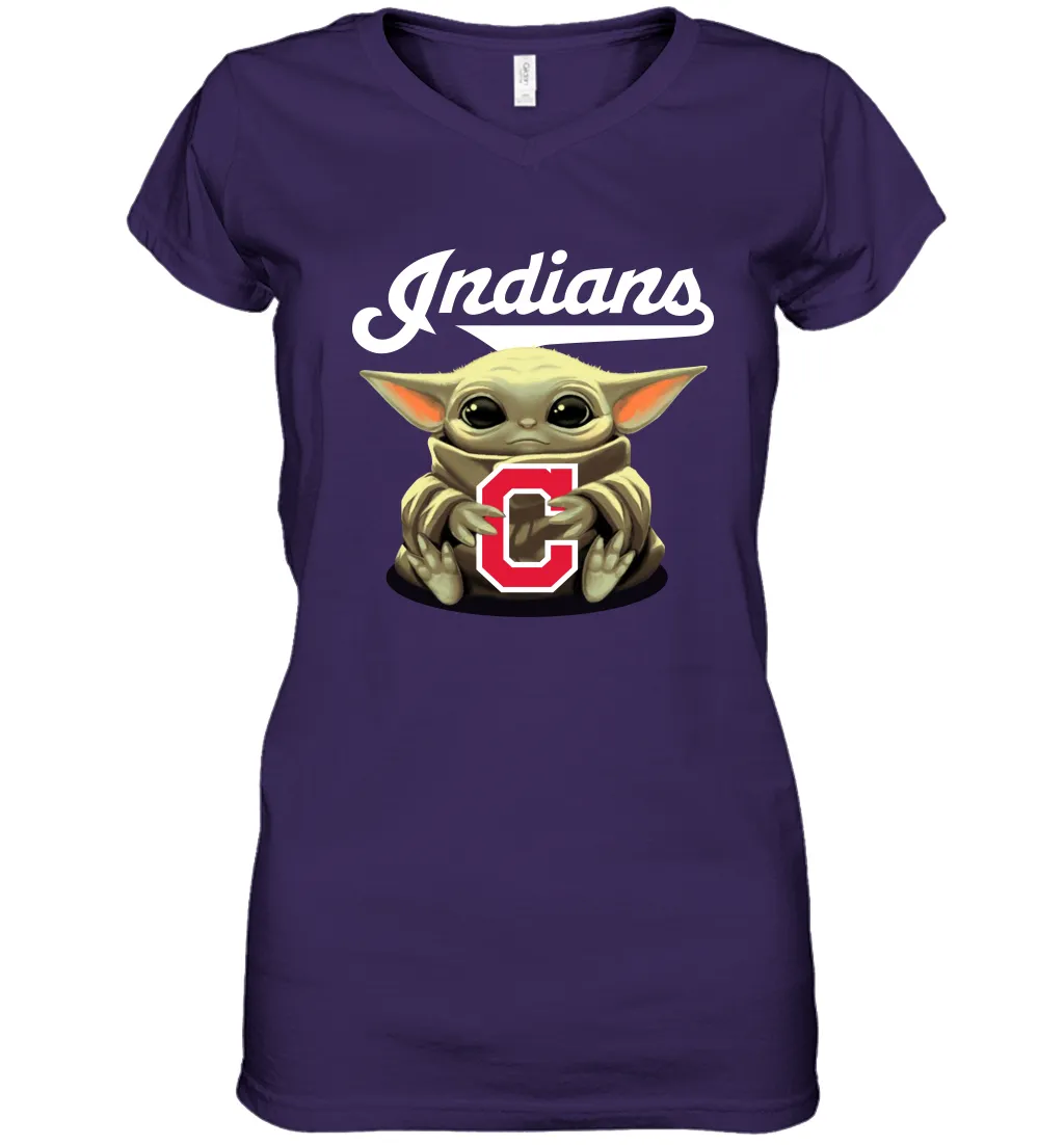 Baby Yoda Hugs Loves The Cleveland Indians Baseball Womens V-Neck T-Shirt