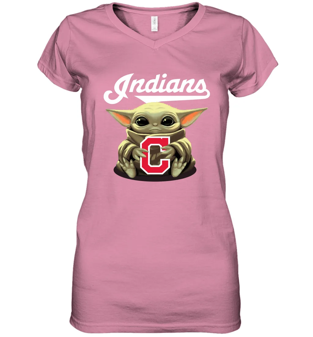 Baby Yoda Hugs Loves The Cleveland Indians Baseball Womens V-Neck T-Shirt