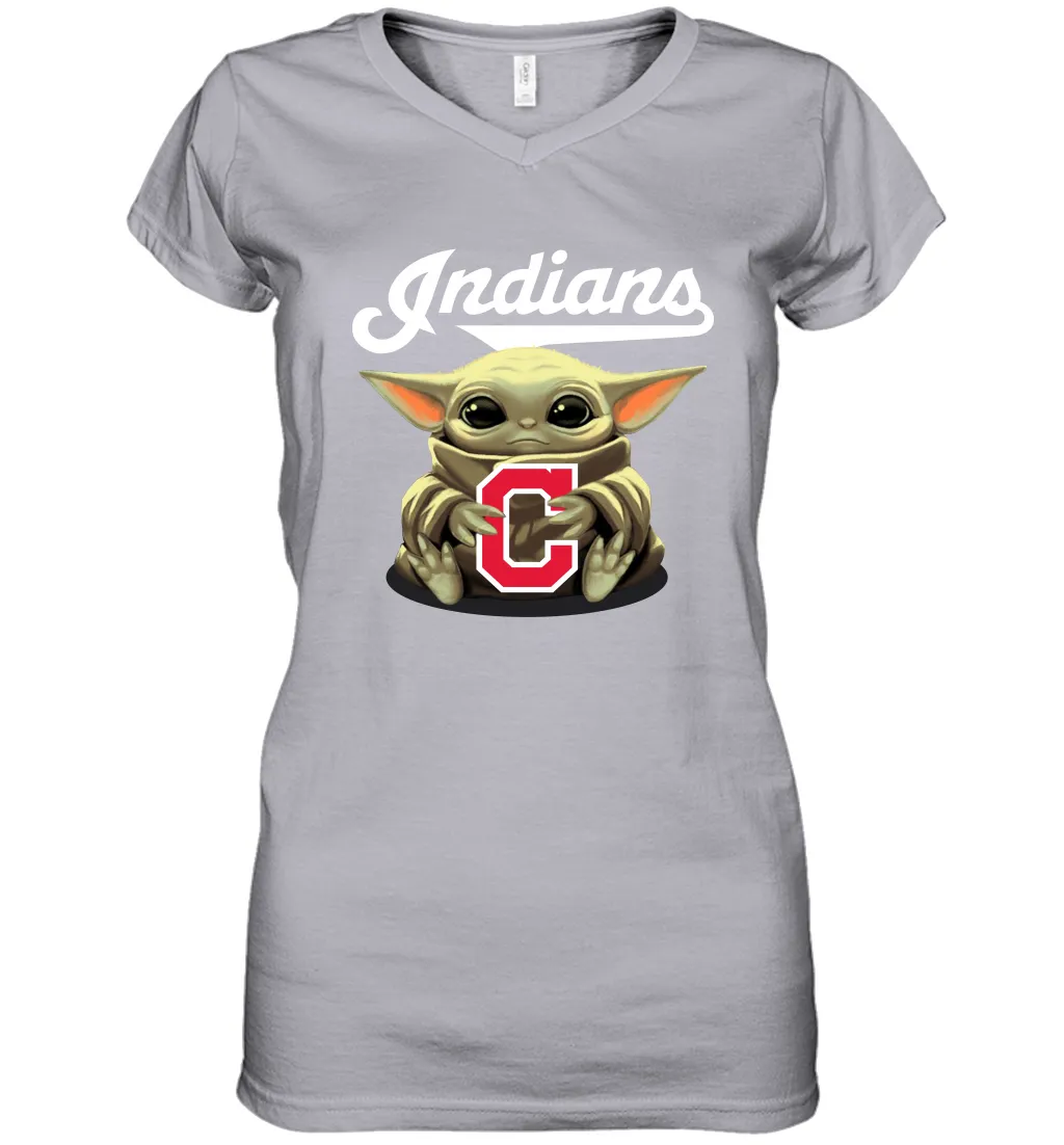 Baby Yoda Hugs Loves The Cleveland Indians Baseball Womens V-Neck T-Shirt