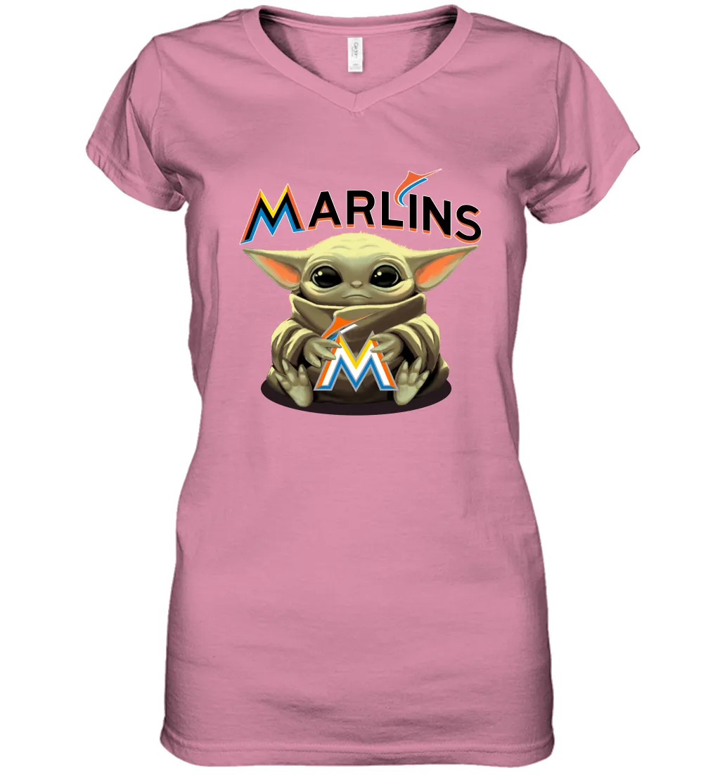 Baby Yoda Hugs Loves The Miami Marlins Baseball Womens V-Neck T-Shirt