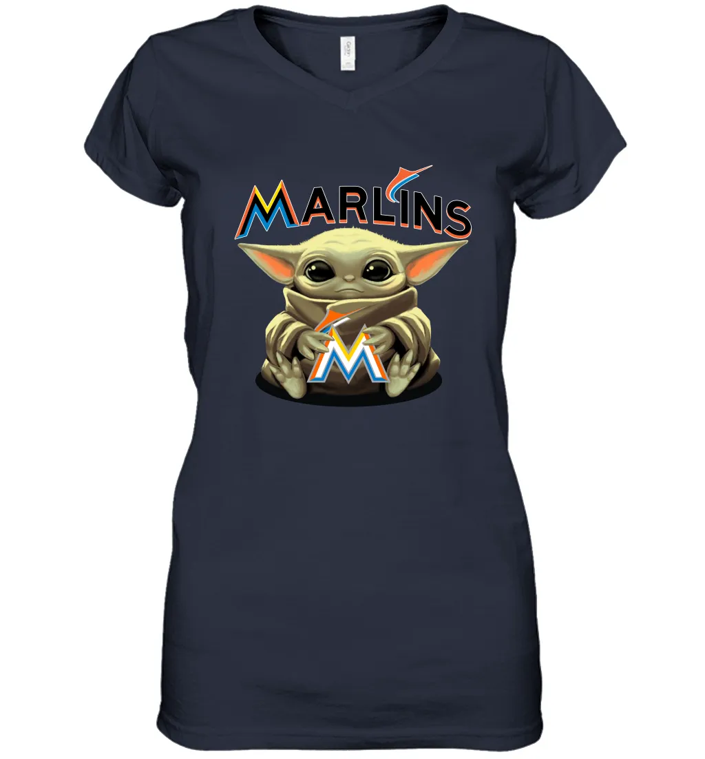 Baby Yoda Hugs Loves The Miami Marlins Baseball Womens V-Neck T-Shirt