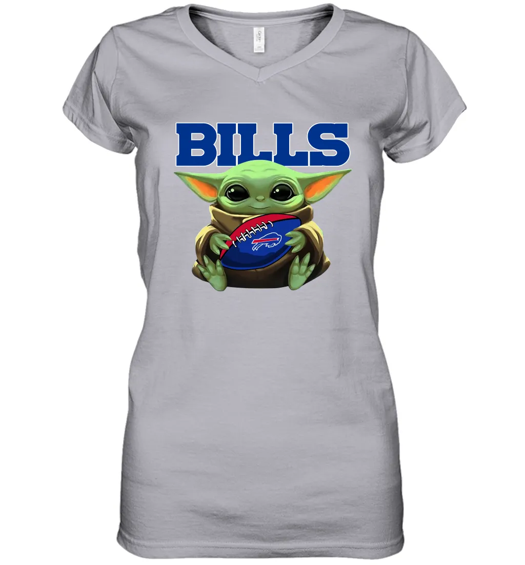 Baby Yoda Loves The Buffalo Bills Star Wars Baby Yoda Hugs Bills NFL Womens V-Neck T-Shirt