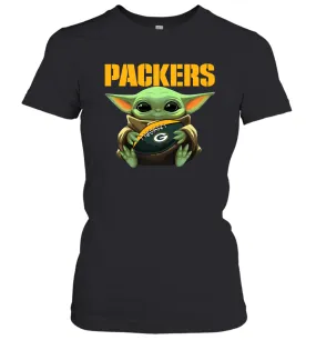 Baby Yoda Loves The Green Bay Packers Star Wars Baby Yoda Hugs Packers NFL Womens T-Shirt