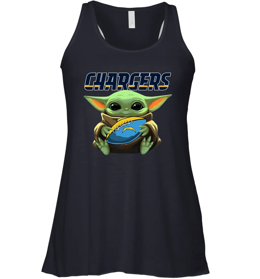 Baby Yoda Loves The Los Angeles Chargers Star Wars Baby Yoda Hugs Chargers NFL Womens Racerback Tank Top