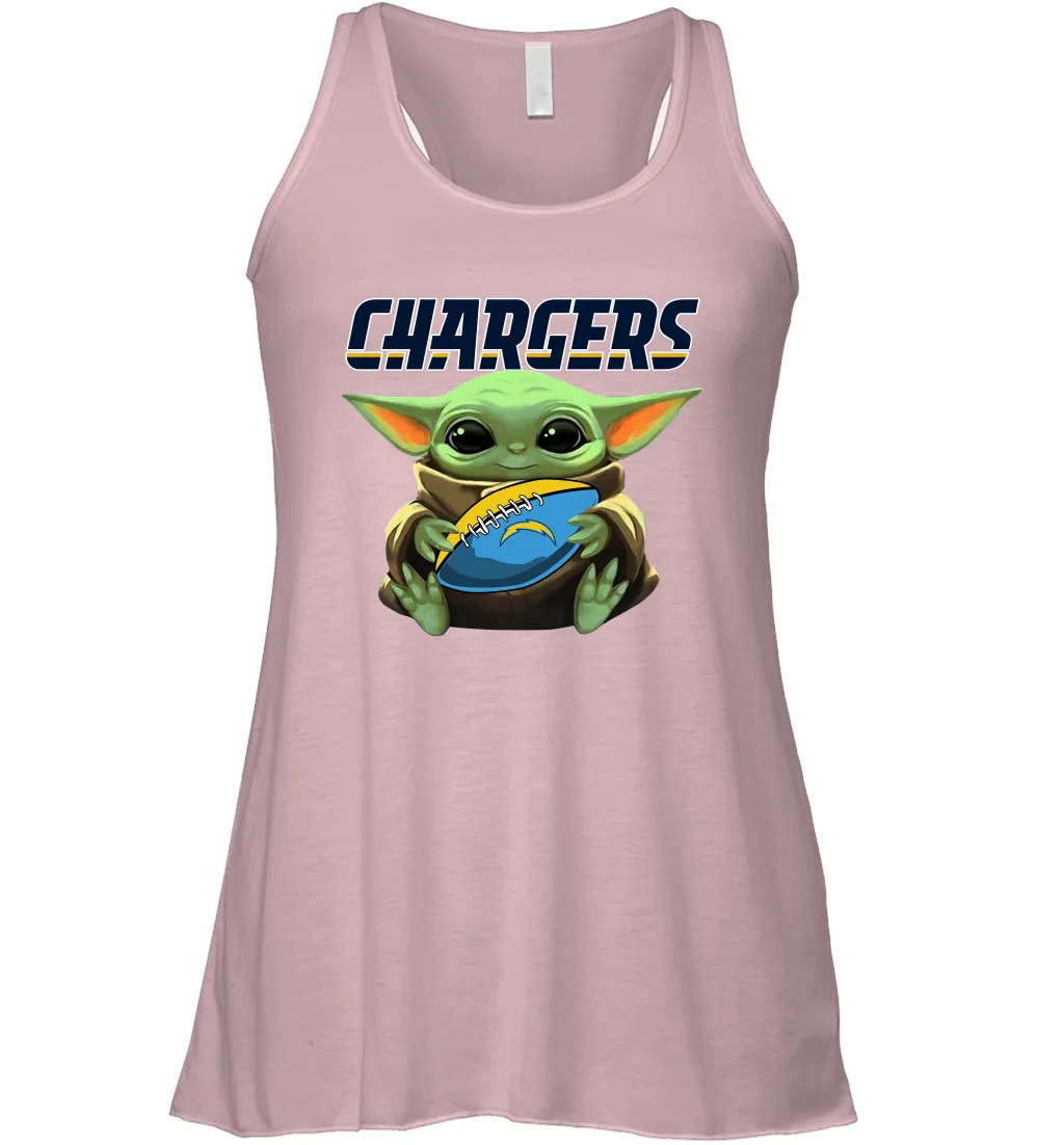 Baby Yoda Loves The Los Angeles Chargers Star Wars Baby Yoda Hugs Chargers NFL Womens Racerback Tank Top