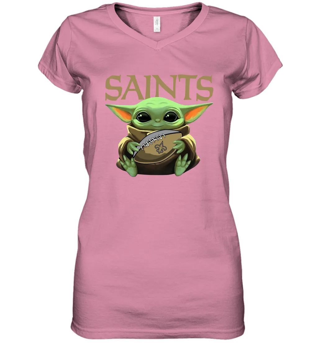 Baby Yoda Loves The New Orleans Saints Star Wars Baby Yoda Hugs Saints NFL Womens V-Neck T-Shirt