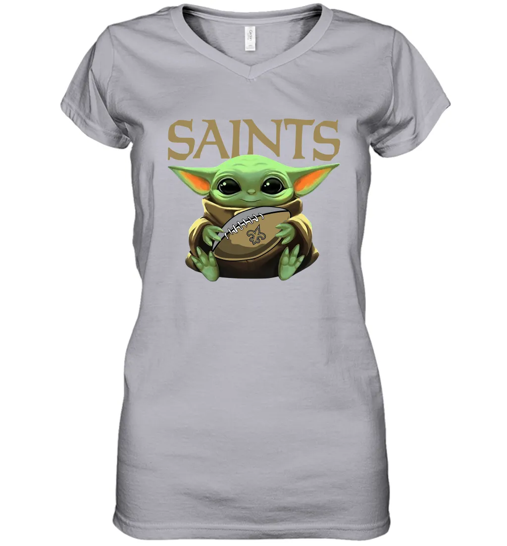 Baby Yoda Loves The New Orleans Saints Star Wars Baby Yoda Hugs Saints NFL Womens V-Neck T-Shirt