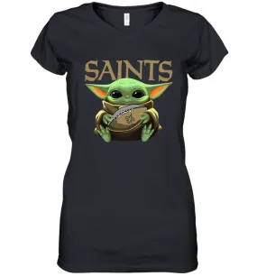 Baby Yoda Loves The New Orleans Saints Star Wars Baby Yoda Hugs Saints NFL Womens V-Neck T-Shirt