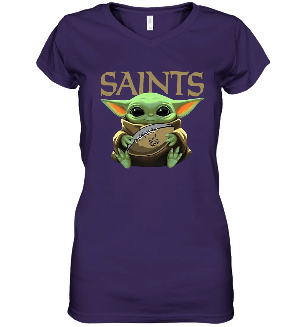 Baby Yoda Loves The New Orleans Saints Star Wars Baby Yoda Hugs Saints NFL Womens V-Neck T-Shirt