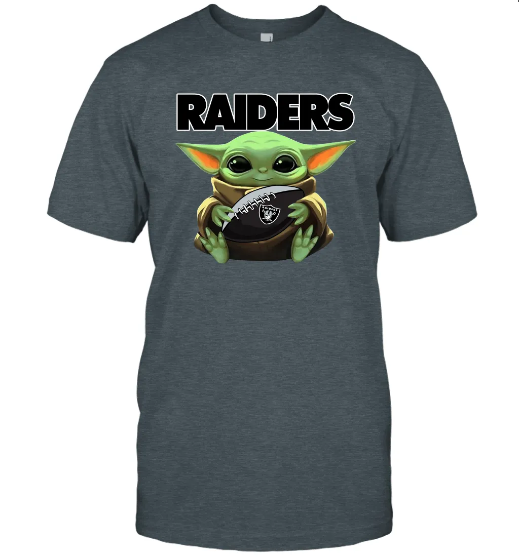 Baby Yoda Loves The Oakland Raiders Star Wars Baby Yoda Hugs Raiders NFL Mens T-Shirt