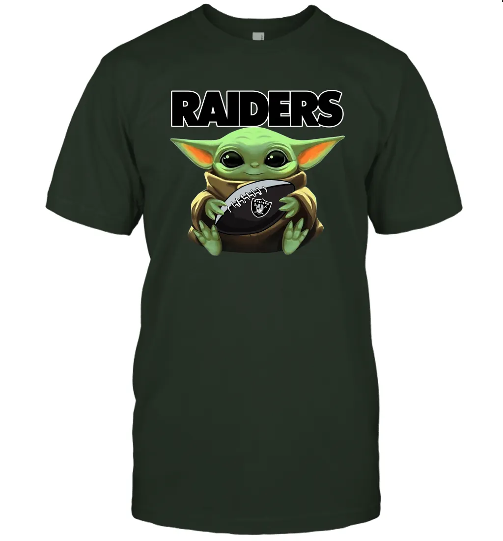 Baby Yoda Loves The Oakland Raiders Star Wars Baby Yoda Hugs Raiders NFL Mens T-Shirt