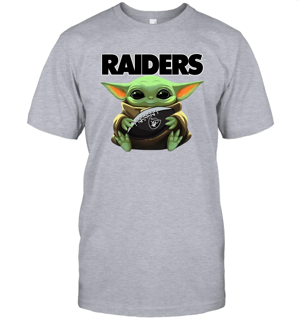 Baby Yoda Loves The Oakland Raiders Star Wars Baby Yoda Hugs Raiders NFL Mens T-Shirt