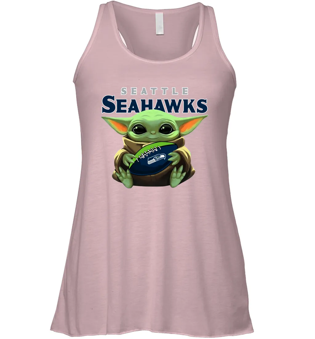 Baby Yoda Loves The Seattle Seahawks Star Wars Baby Yoda Hugs Seahawks NFL Womens Racerback Tank Top