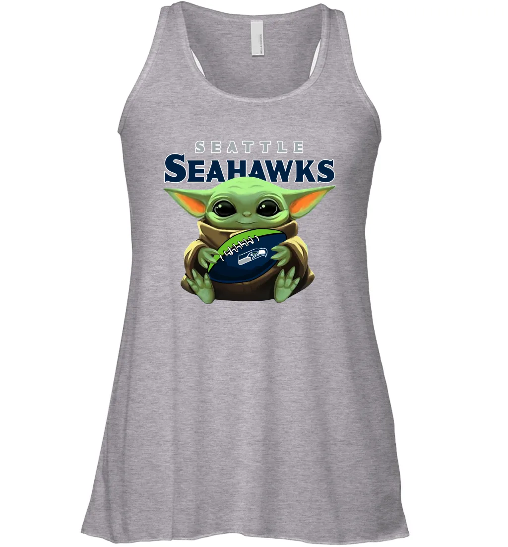 Baby Yoda Loves The Seattle Seahawks Star Wars Baby Yoda Hugs Seahawks NFL Womens Racerback Tank Top