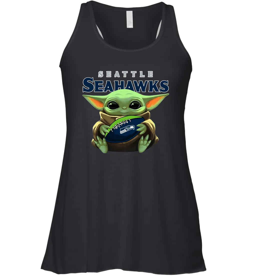 Baby Yoda Loves The Seattle Seahawks Star Wars Baby Yoda Hugs Seahawks NFL Womens Racerback Tank Top