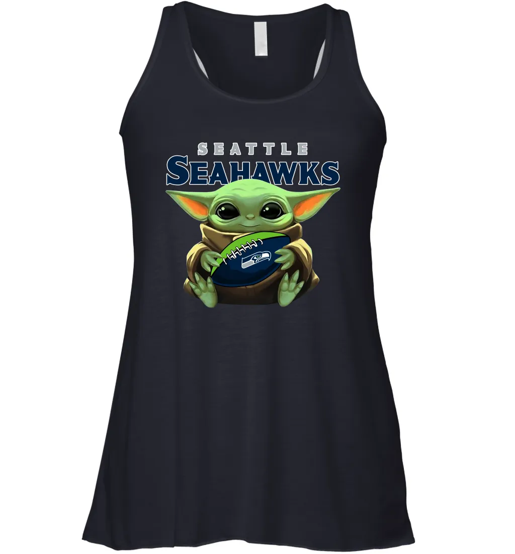 Baby Yoda Loves The Seattle Seahawks Star Wars Baby Yoda Hugs Seahawks NFL Womens Racerback Tank Top