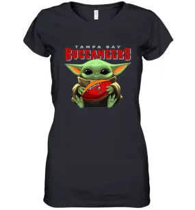 Baby Yoda Loves The Tampa Bay Buccaneers Star Wars Baby Yoda Hugs Buccaneers NFL Womens V-Neck T-Shirt