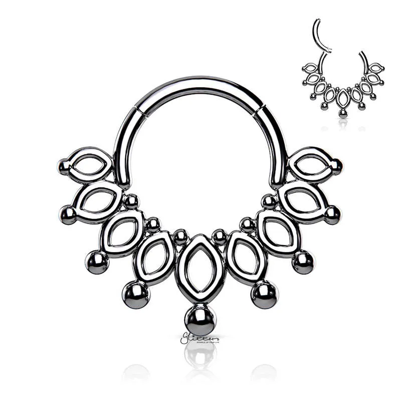 Beaded End Crown Hinged Segment Hoop Ring - Silver