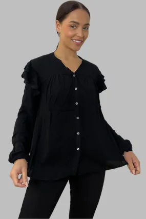 Black Frilled Details Grandad Collar Shirt