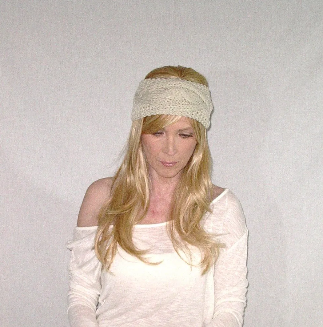 Boho Cable Knit Ear Warmer Headband Oatmeal Best Selling Super Soft Buttons On & Off Beige Tan One Size