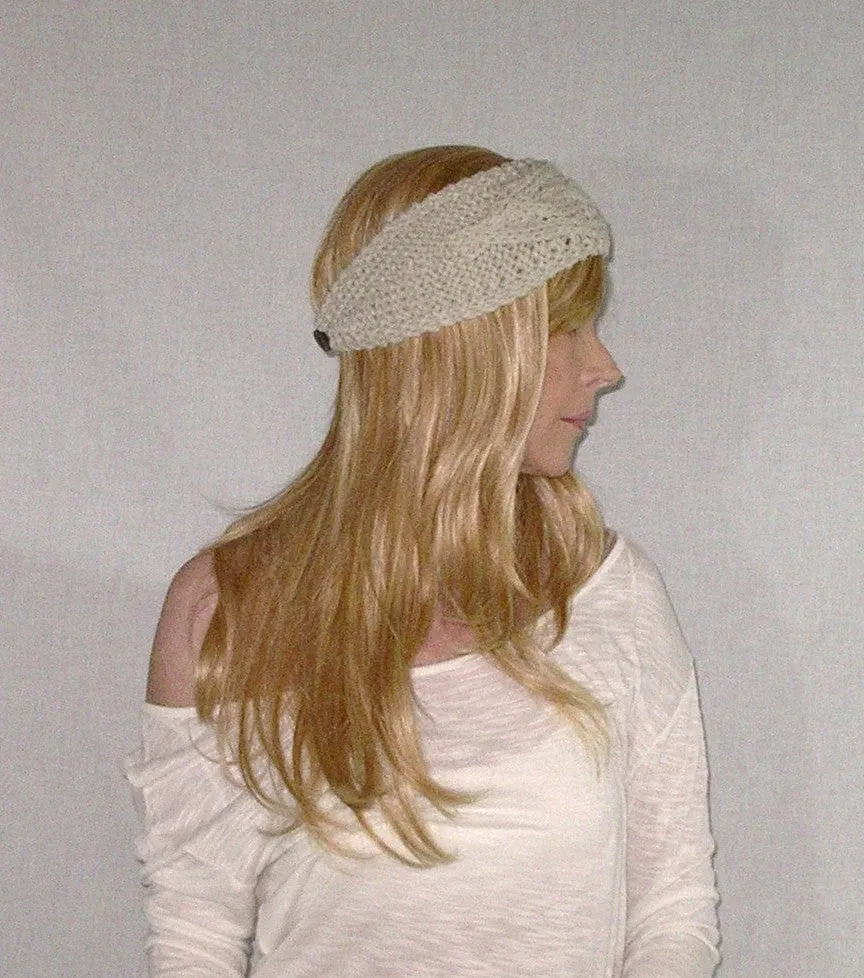 Boho Cable Knit Ear Warmer Headband Oatmeal Best Selling Super Soft Buttons On & Off Beige Tan One Size