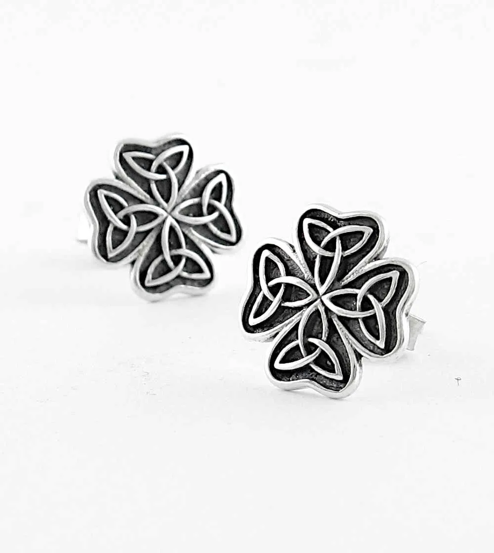 Celtic Cross / Four-Leaf Clover With Triquetra Knots Stud Earrings