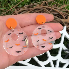 Circle Bat Silhouette Dangle Earrings Clear with Black and Orange