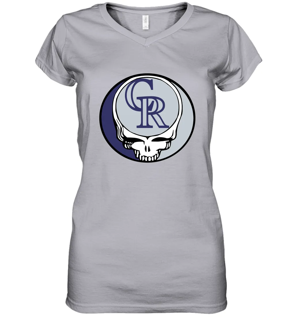 Colorado Rockies Grateful Dead Steal Your Face Baseball Womens V-Neck T-Shirt