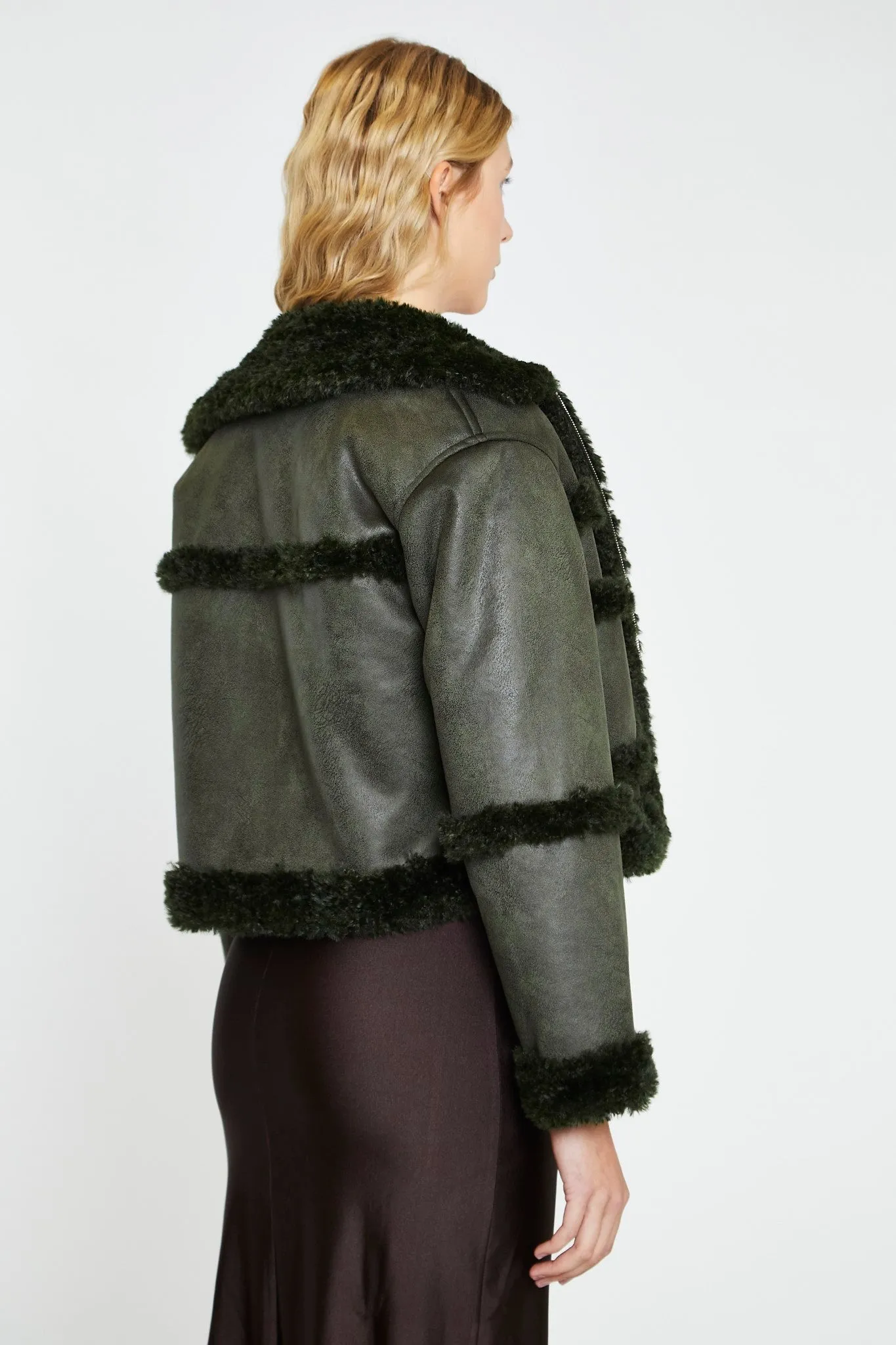 Dark-Green Cropped Shearling Trim -Jacket