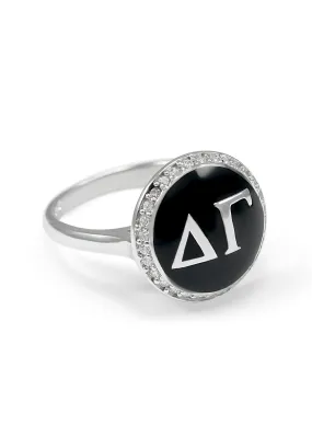 Delta Gamma Sterling Silver Ring with Black Enamel and Simulated Diamonds