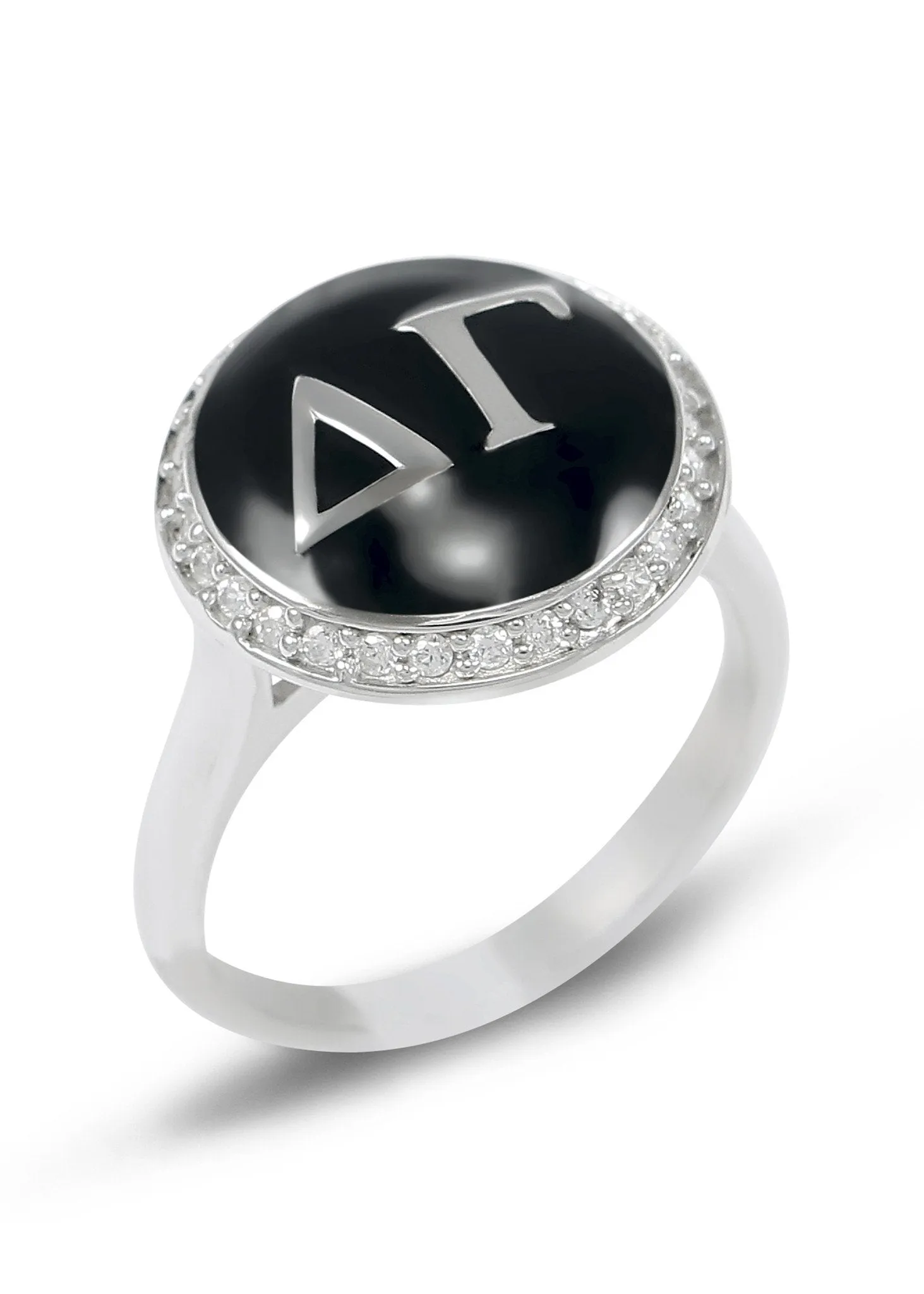 Delta Gamma Sterling Silver Ring with Black Enamel and Simulated Diamonds