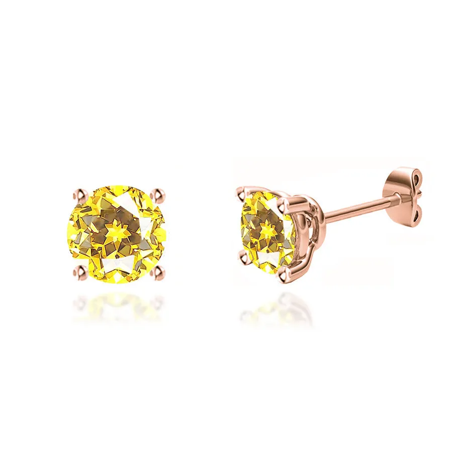 DOVE - Round Yellow Sapphire 18k Rose Gold Stud Earrings