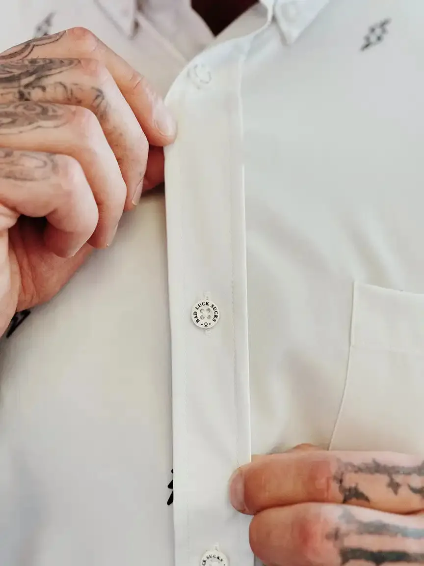 ESSENTIAL BAD LUCK SUCKS WHITE BUTTON UP