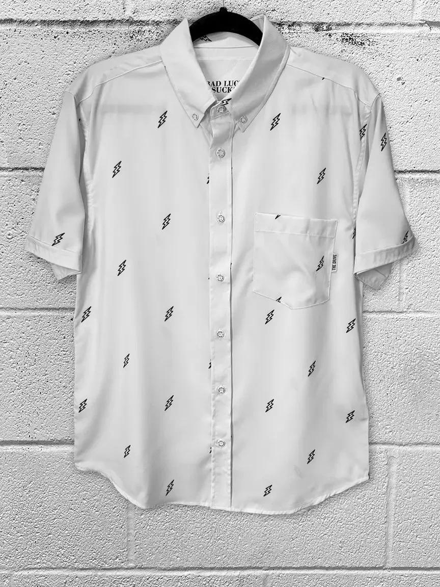 ESSENTIAL BAD LUCK SUCKS WHITE BUTTON UP