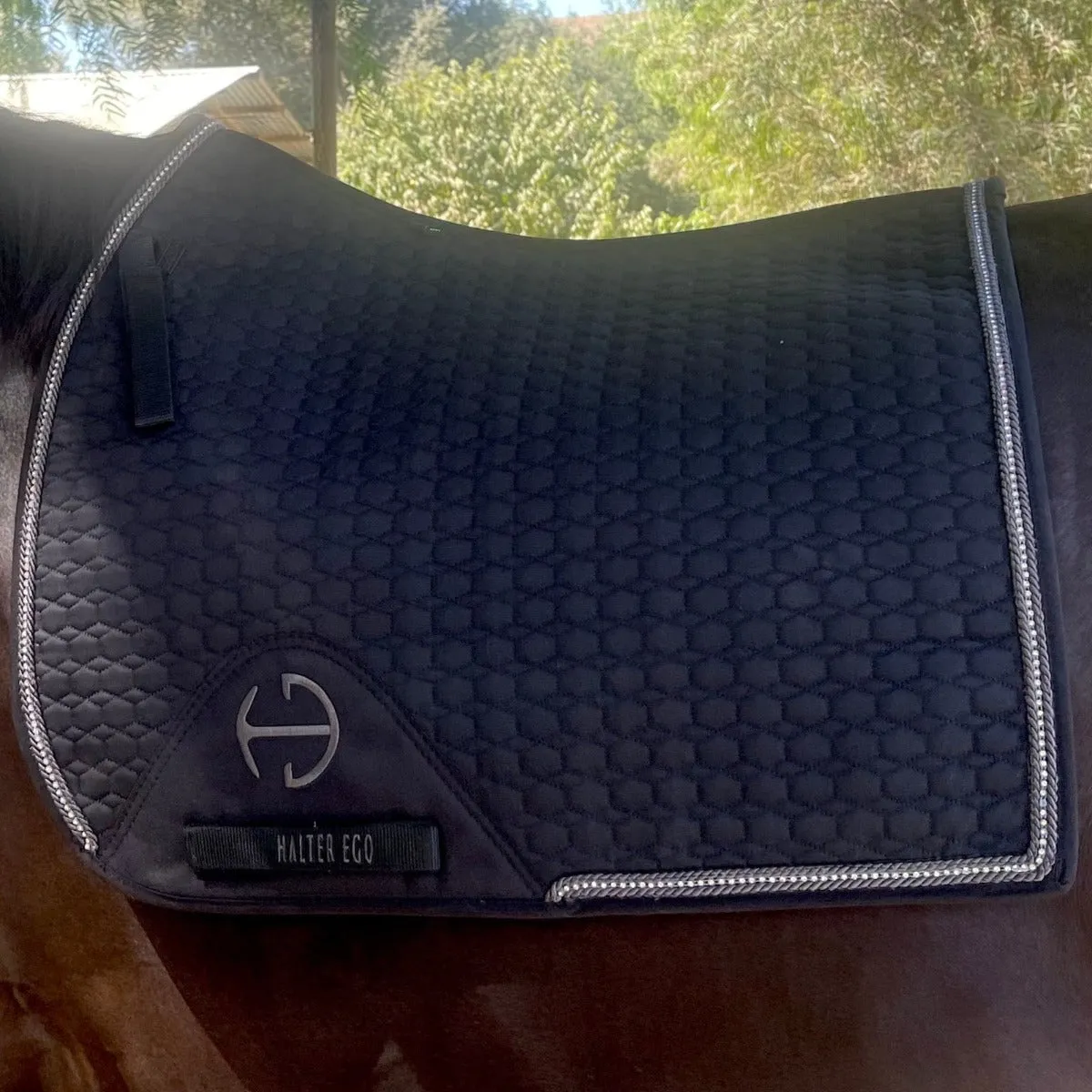 European Cotton Dressage Saddle Pad - Black with Crystal & Gunmetal Trim