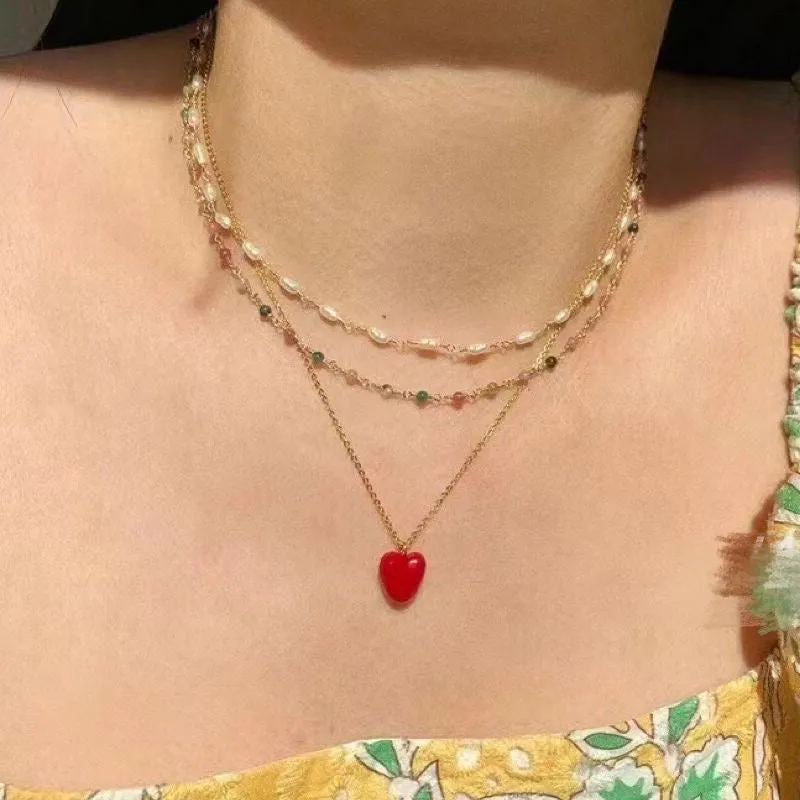 Fashionable Red Enamel Heart Necklace