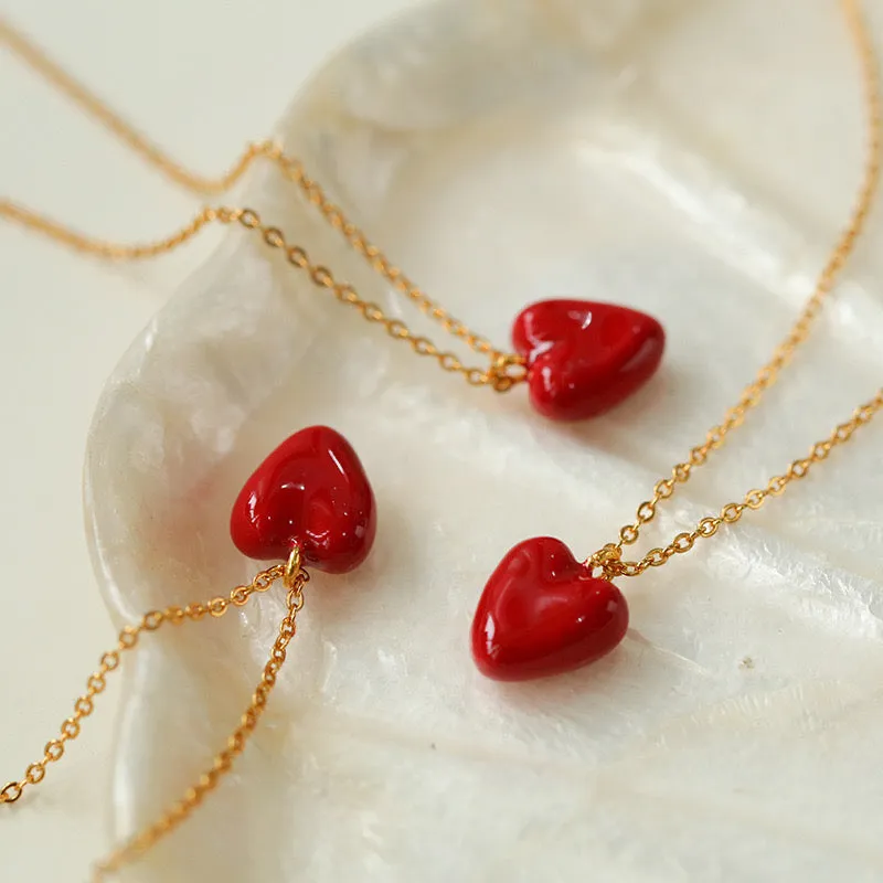 Fashionable Red Enamel Heart Necklace