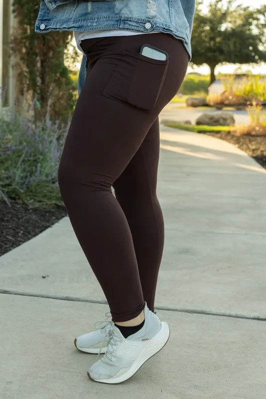 Full Length Leggings with Pocket in Brown